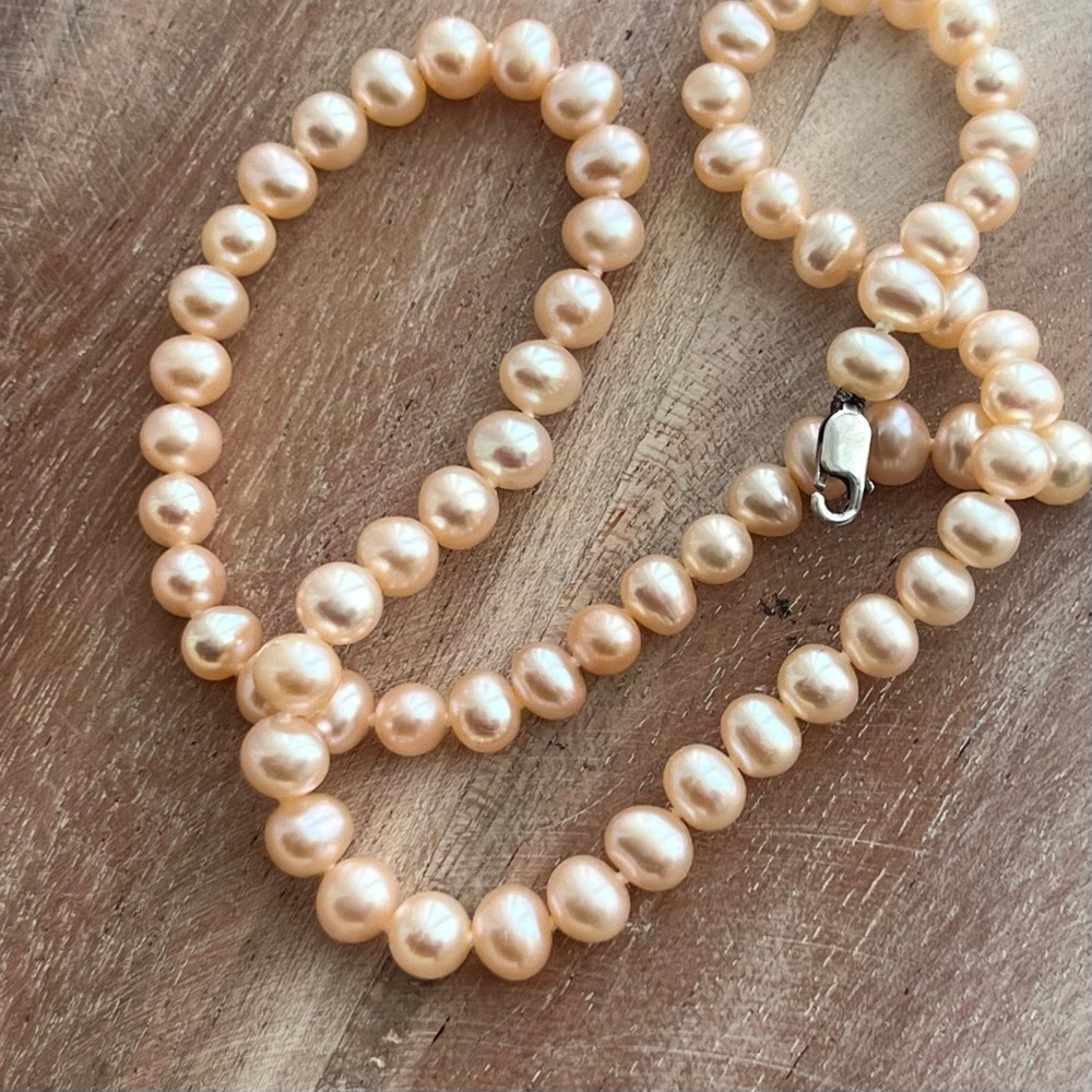 Vintage Genuine Blush/Cream Pearl Necklace with Sterling Silver Clasp